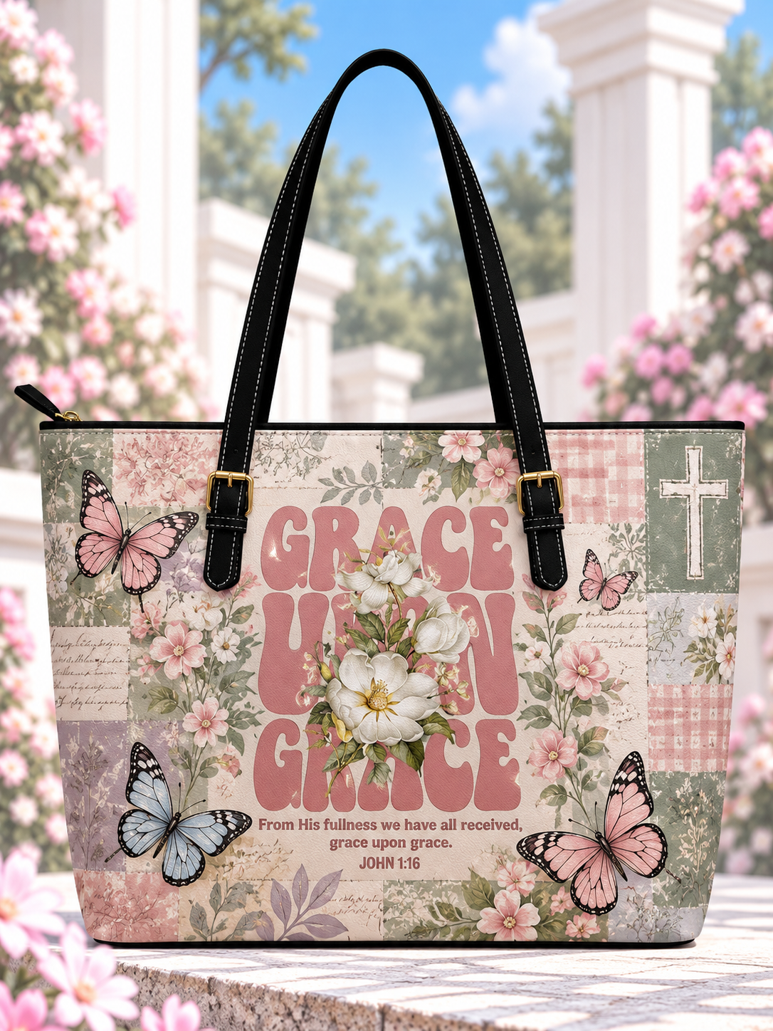Grace Upon Grace Pink Butterfly Floral Saddle Bag