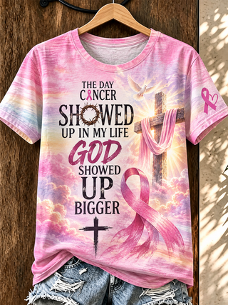 God Showed Up Bigger T-Shirt – Women's Christian Breast Cancer Awareness Shirt