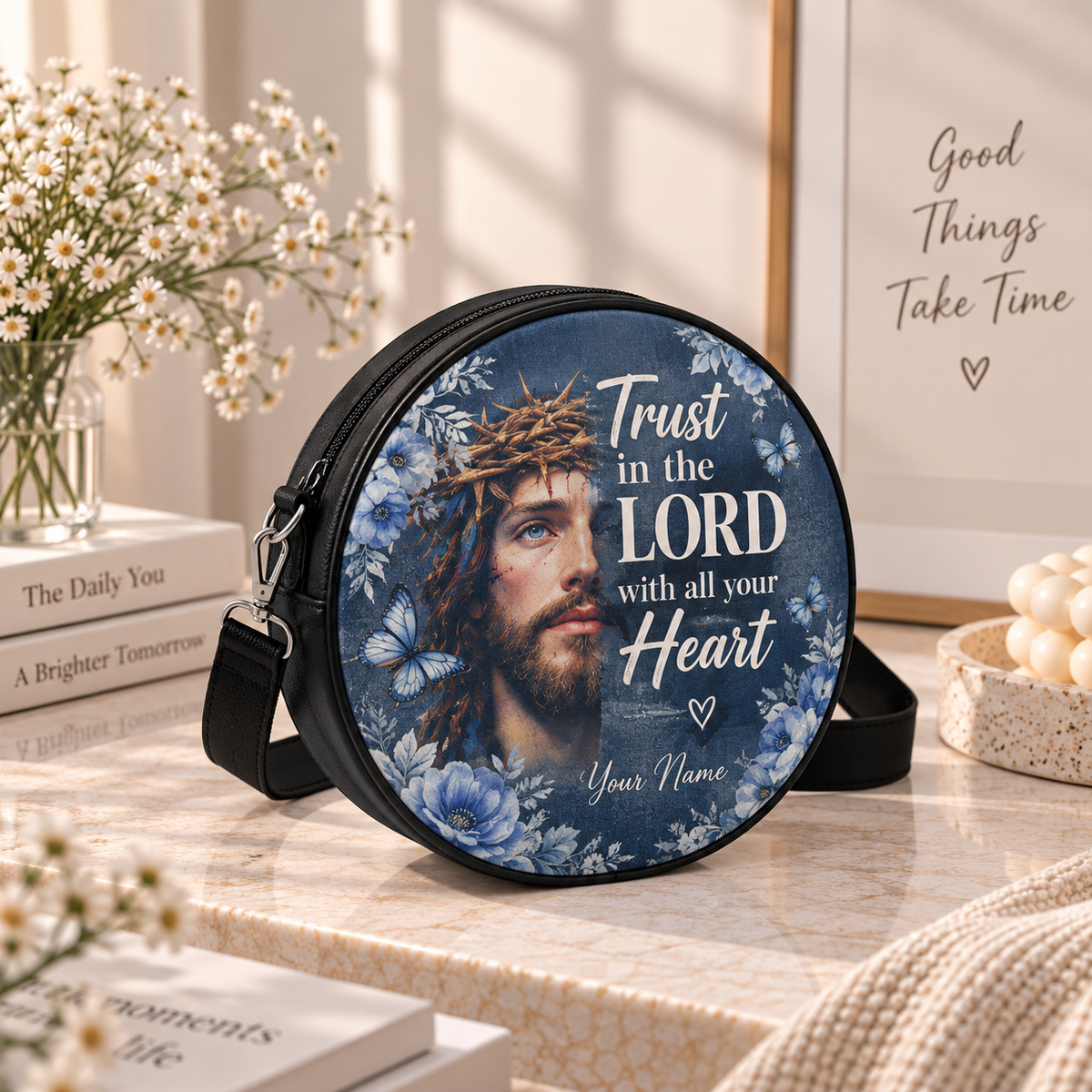 Personalized Jesus Trust in the Lord Leather Round Bag