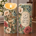 Personalized Floral Cross Butterfly Flameless LED Candle