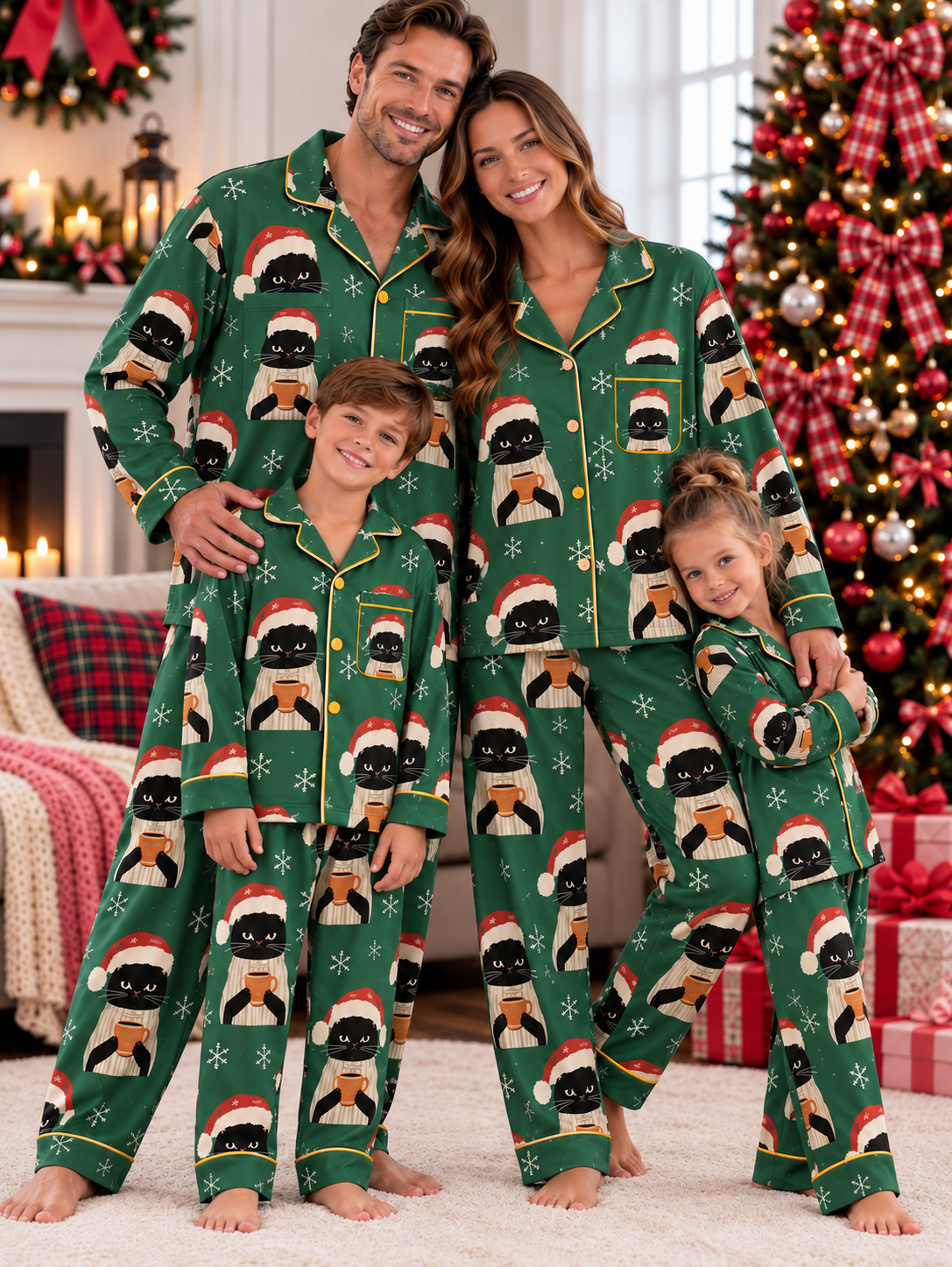 Santa Hat Black Cat Family Ice Silk Pajamas