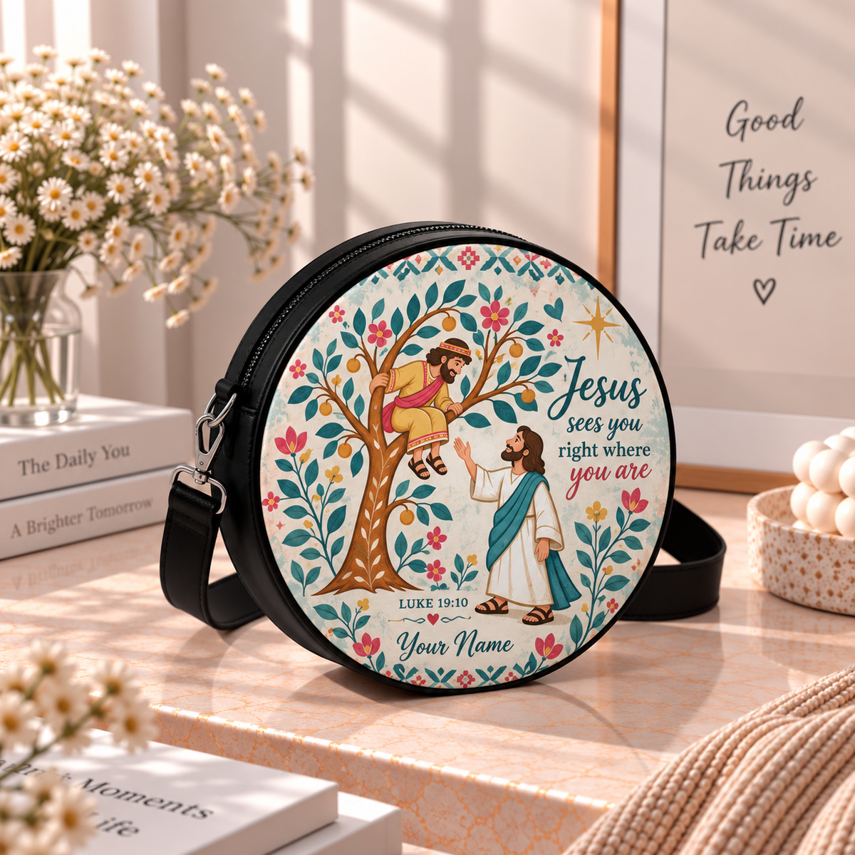 Personalized Jesus and Zacchaeus Leather Round Bag