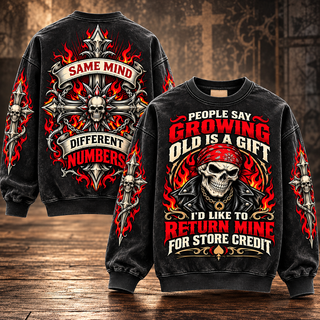 Growing Old, Same Spark – Funny Red Bandana Skull Sweatshirt