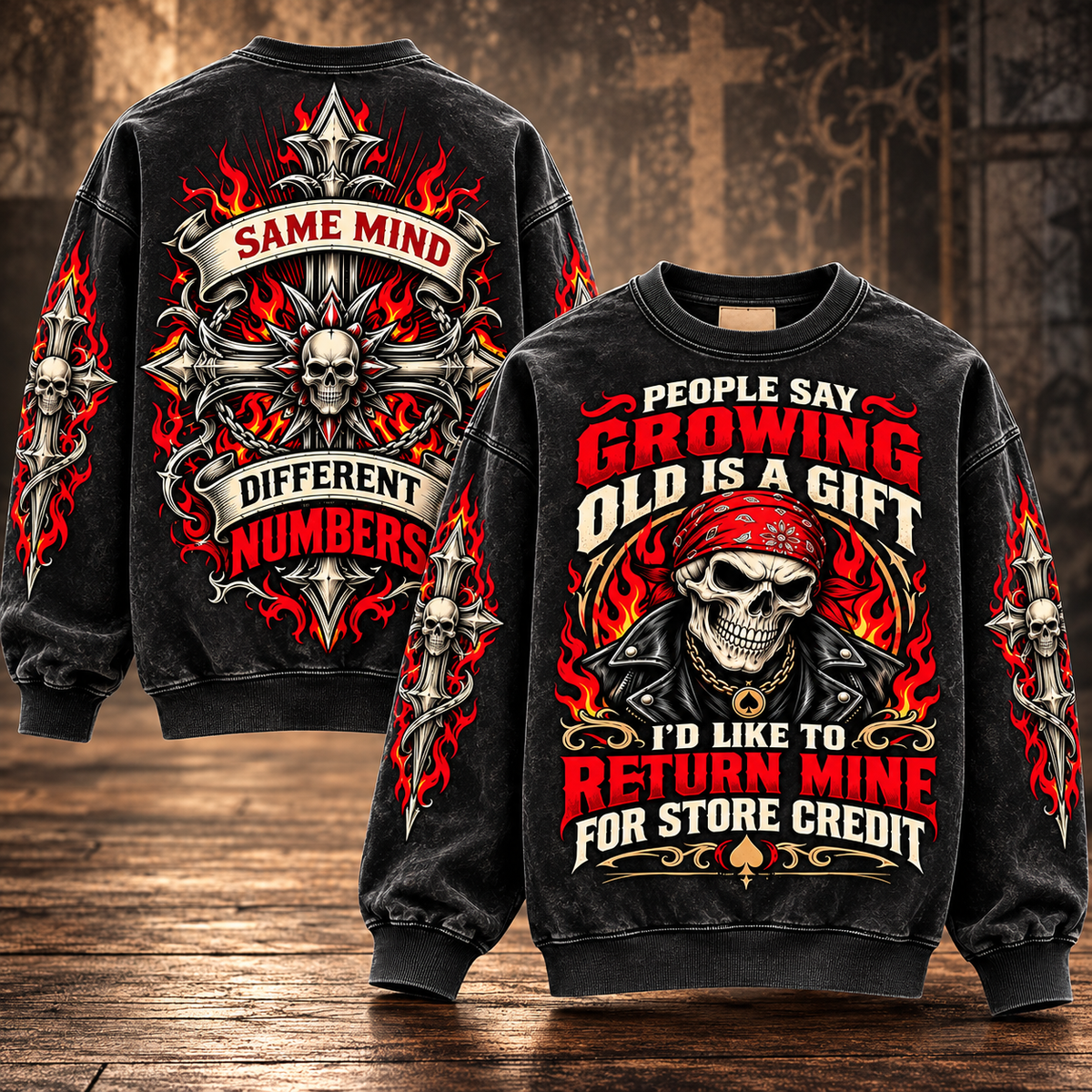 Growing Old, Same Spark – Funny Red Bandana Skull Sweatshirt
