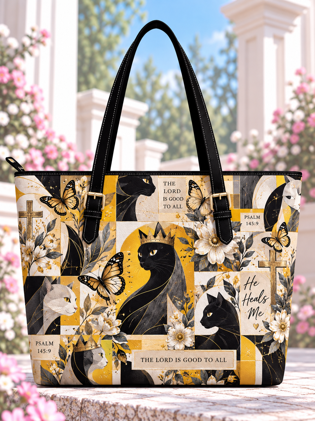 The Lord Is Good To All Crowned Black Cat Saddle Bag