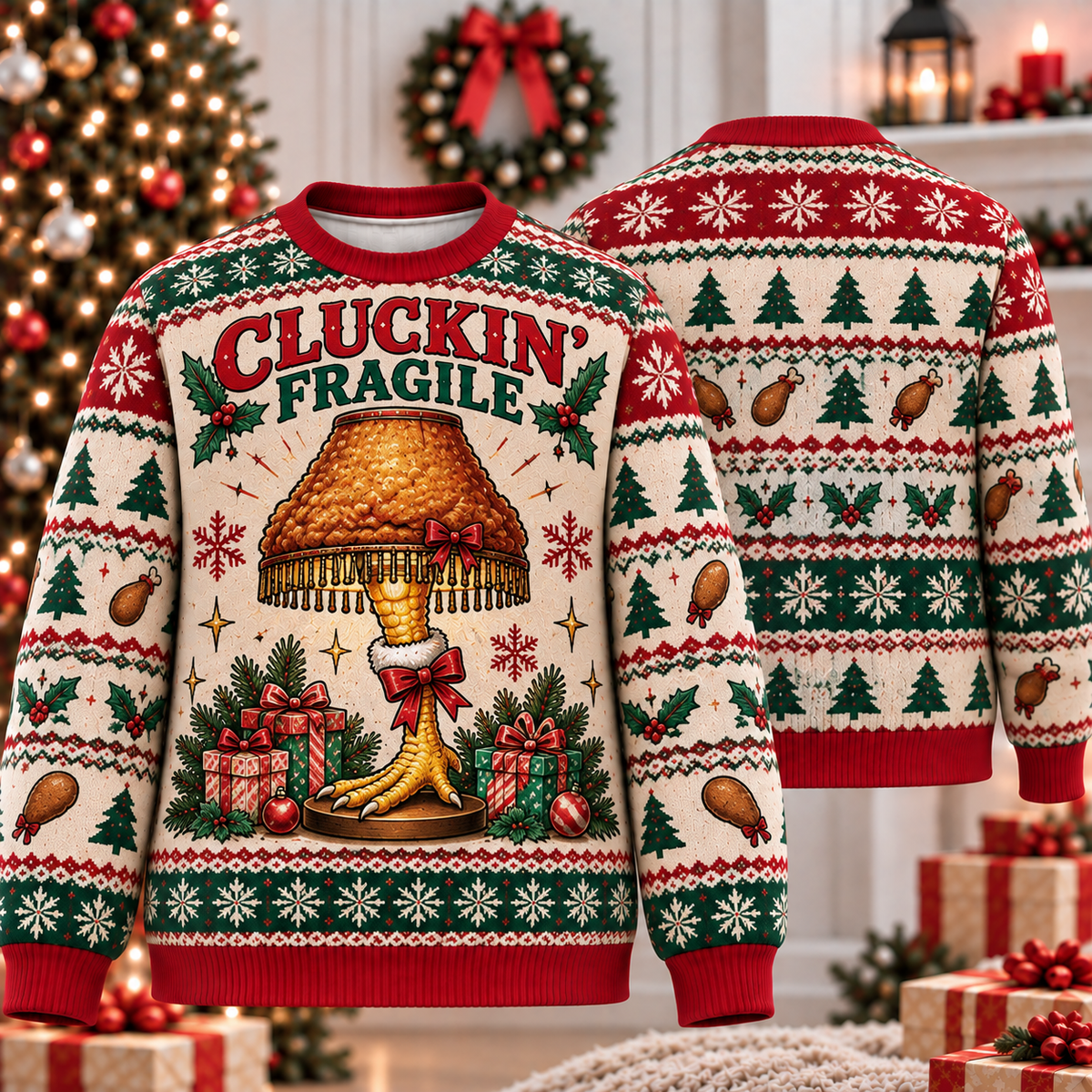 Cluckin' Fragile Chicken Leg Lamp Ugly Sweater
