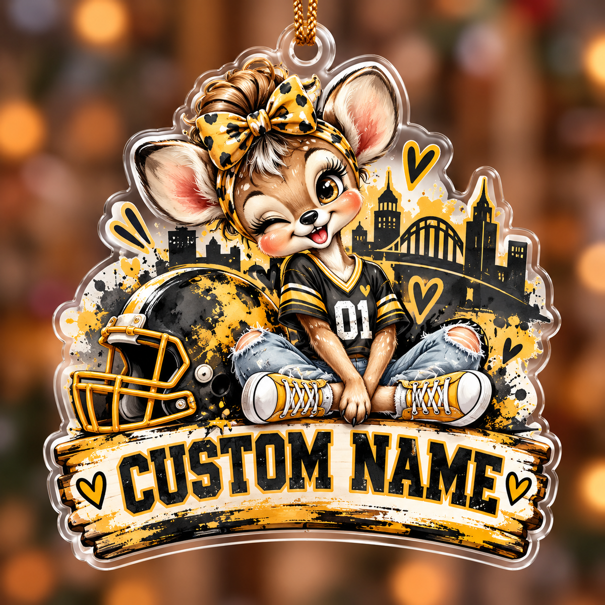 Personalized Black and Gold Football Mouse Ornament