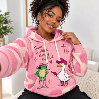 Pink Cowboy Frog and Goose Waffle Hoodie