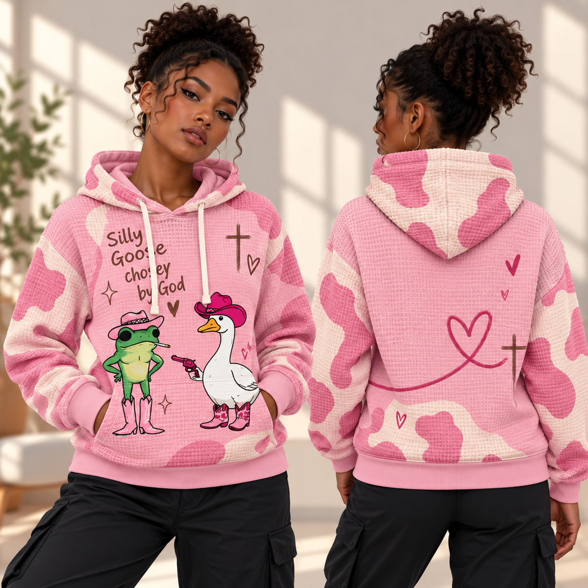 Pink Cowboy Frog and Goose Waffle Hoodie