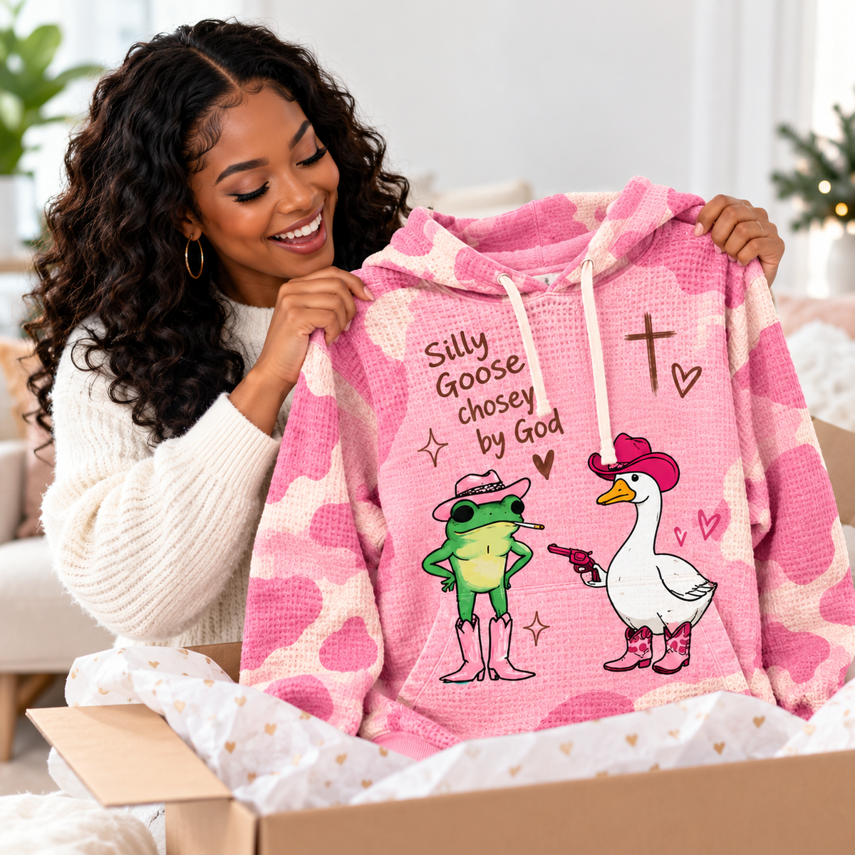 Pink Cowboy Frog and Goose Waffle Hoodie
