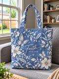 Faith Over Fear Blue Floral Butterfly Tote Bag