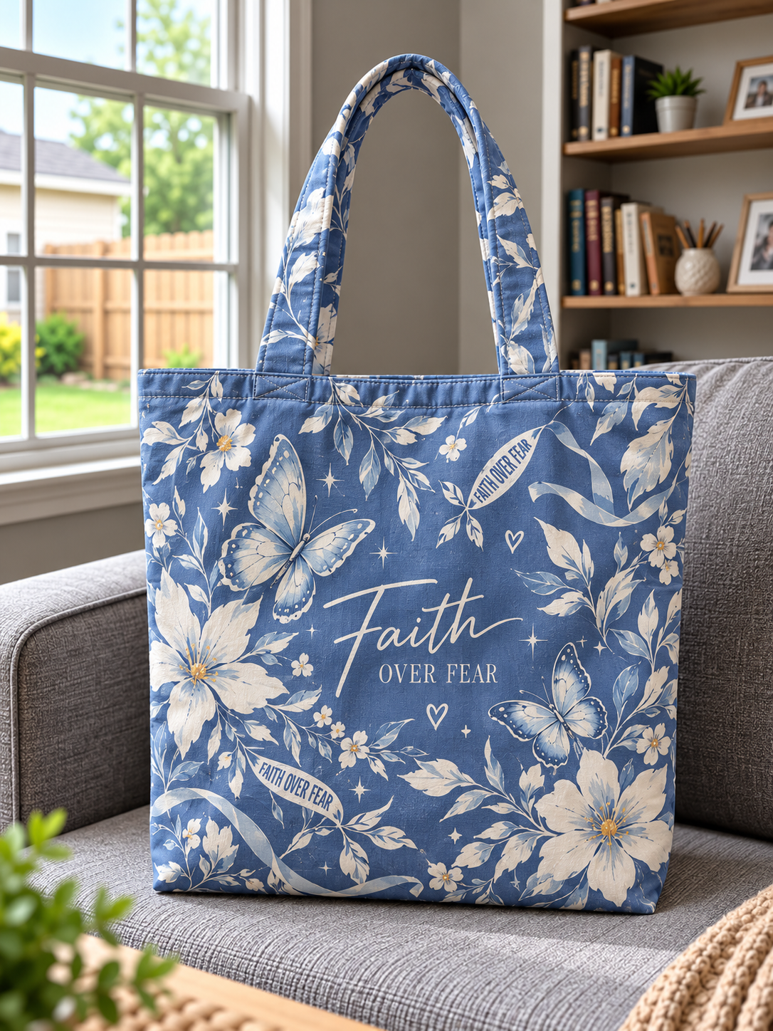 Faith Over Fear Blue Floral Butterfly Tote Bag