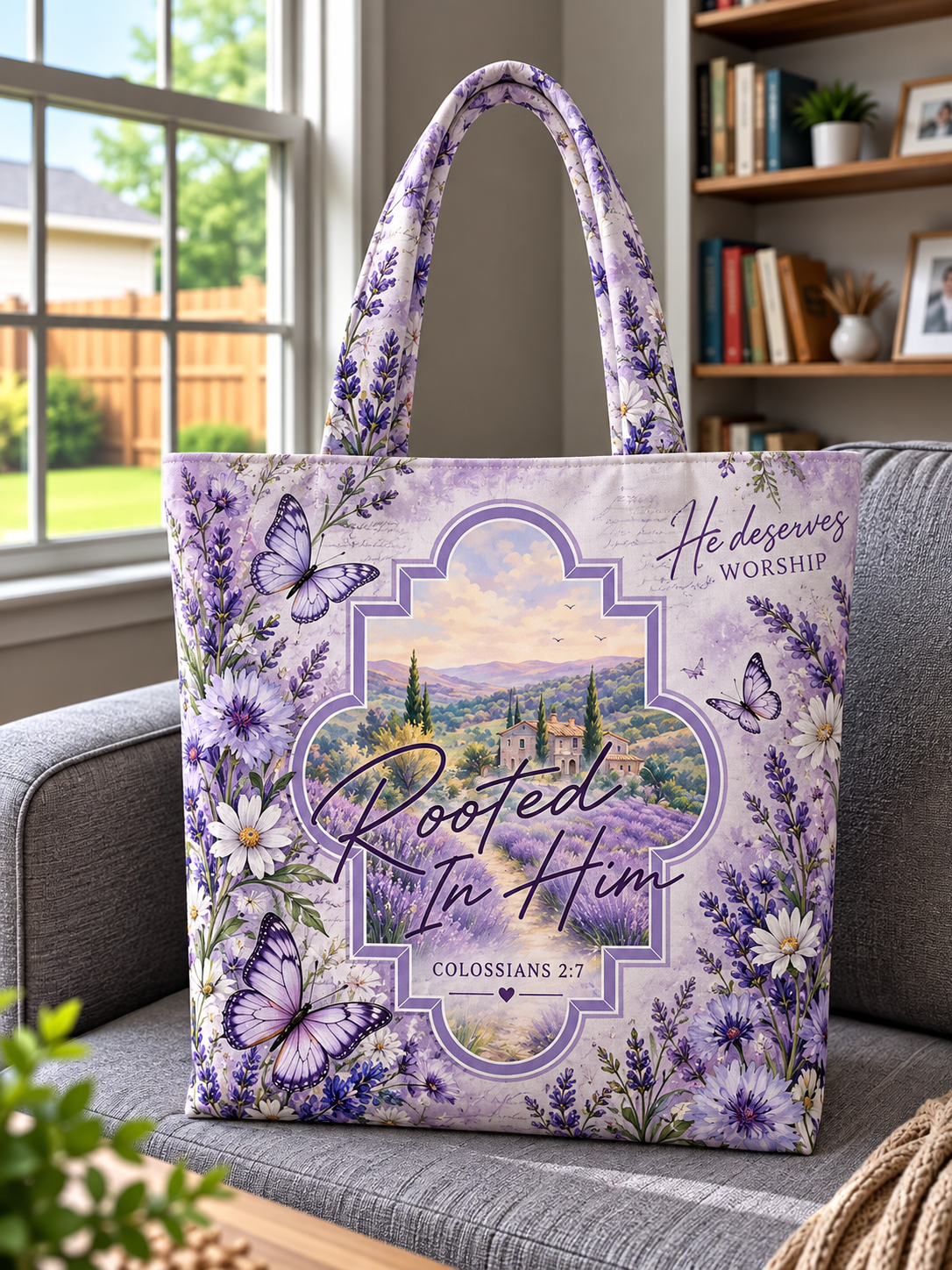 Rooted In Him Lavender Field Butterfly Tote Bag