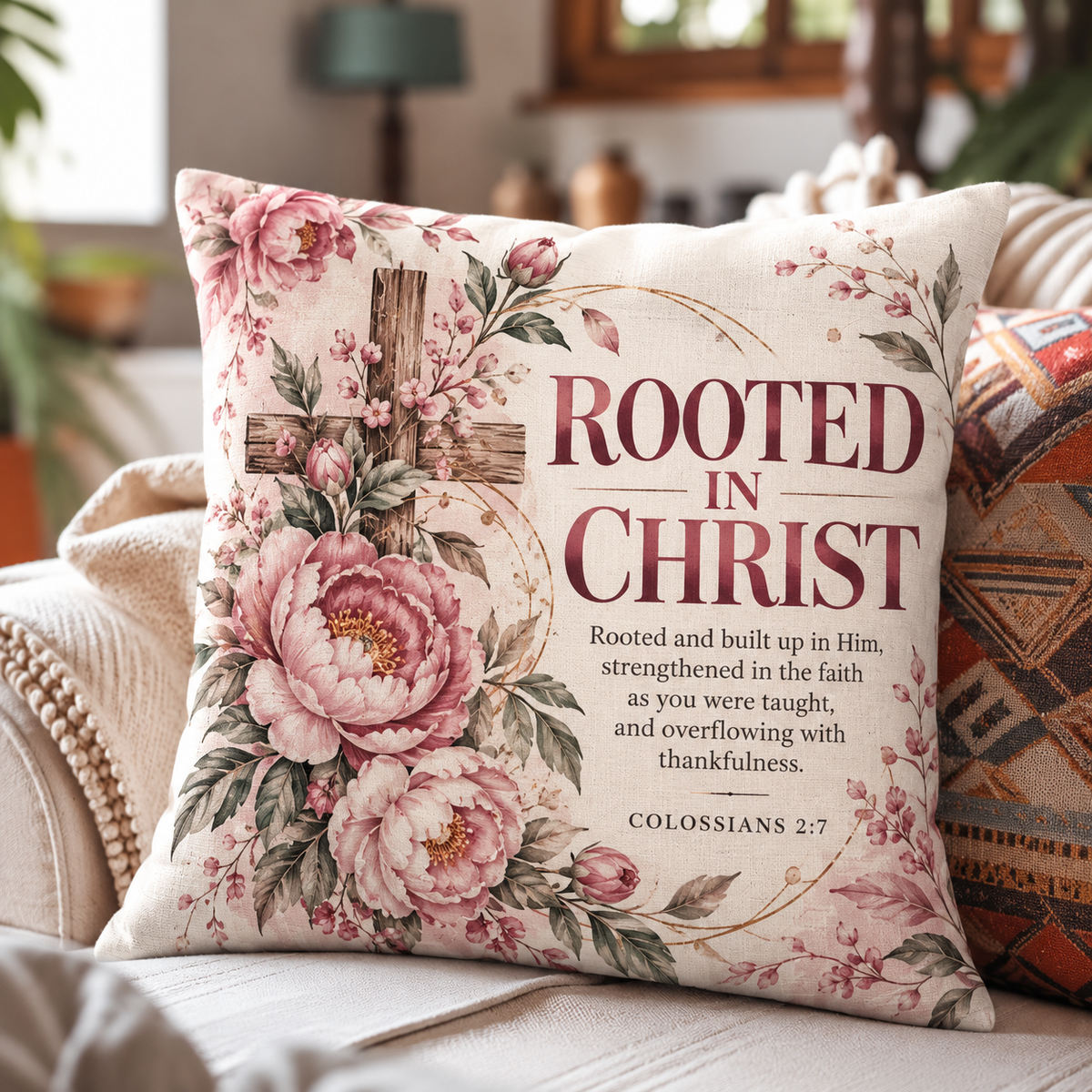 Rooted In Christ Peony Floral Pillow