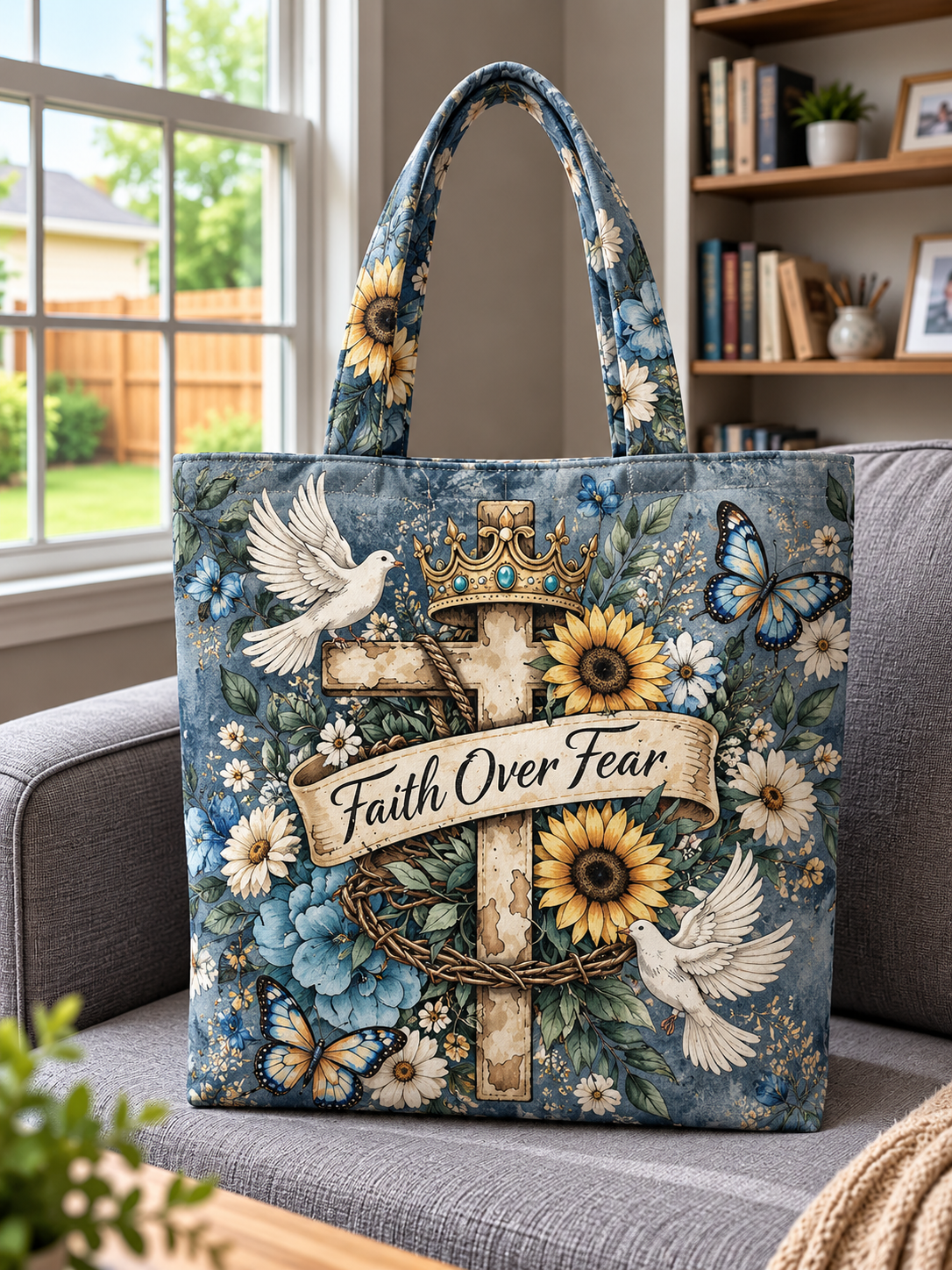 Faith Over Fear Crowned Cross Sunflower Dove Tote Bag
