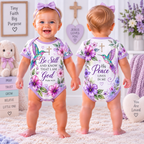 Front and back lavender baby bodysuit with hummingbirds purple flowers and Be Still text