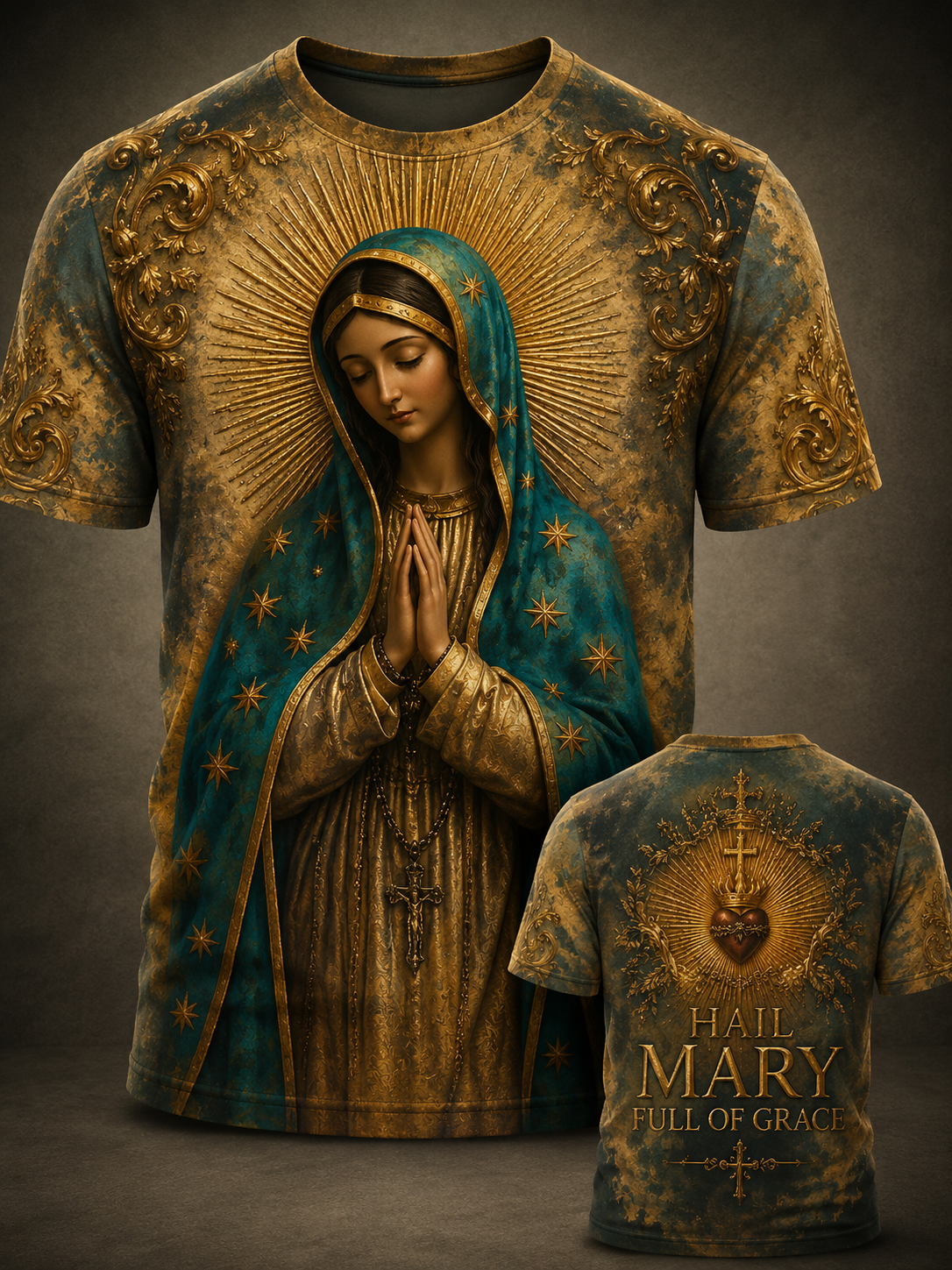 A short-sleeve graphic T-shirt shown from the front and back on a dark studio background. The front features a large printed image of the Virgin Mary with a teal-blue veil and gold radiant halo details.