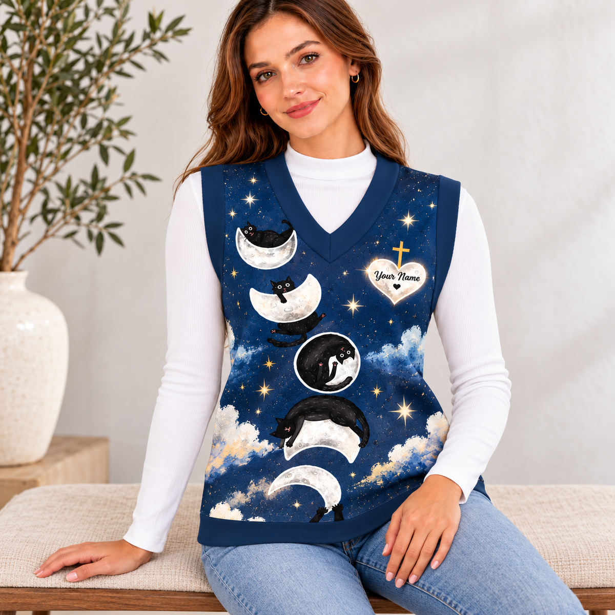 Personalized Black Cat Moon Knitted V-Neck Vest
