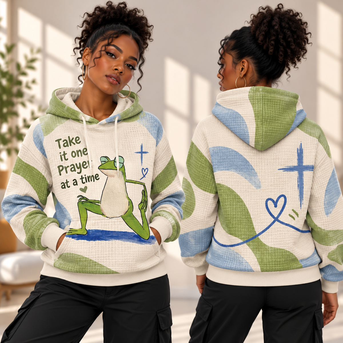 Green Yoga Frog Waffle Hoodie