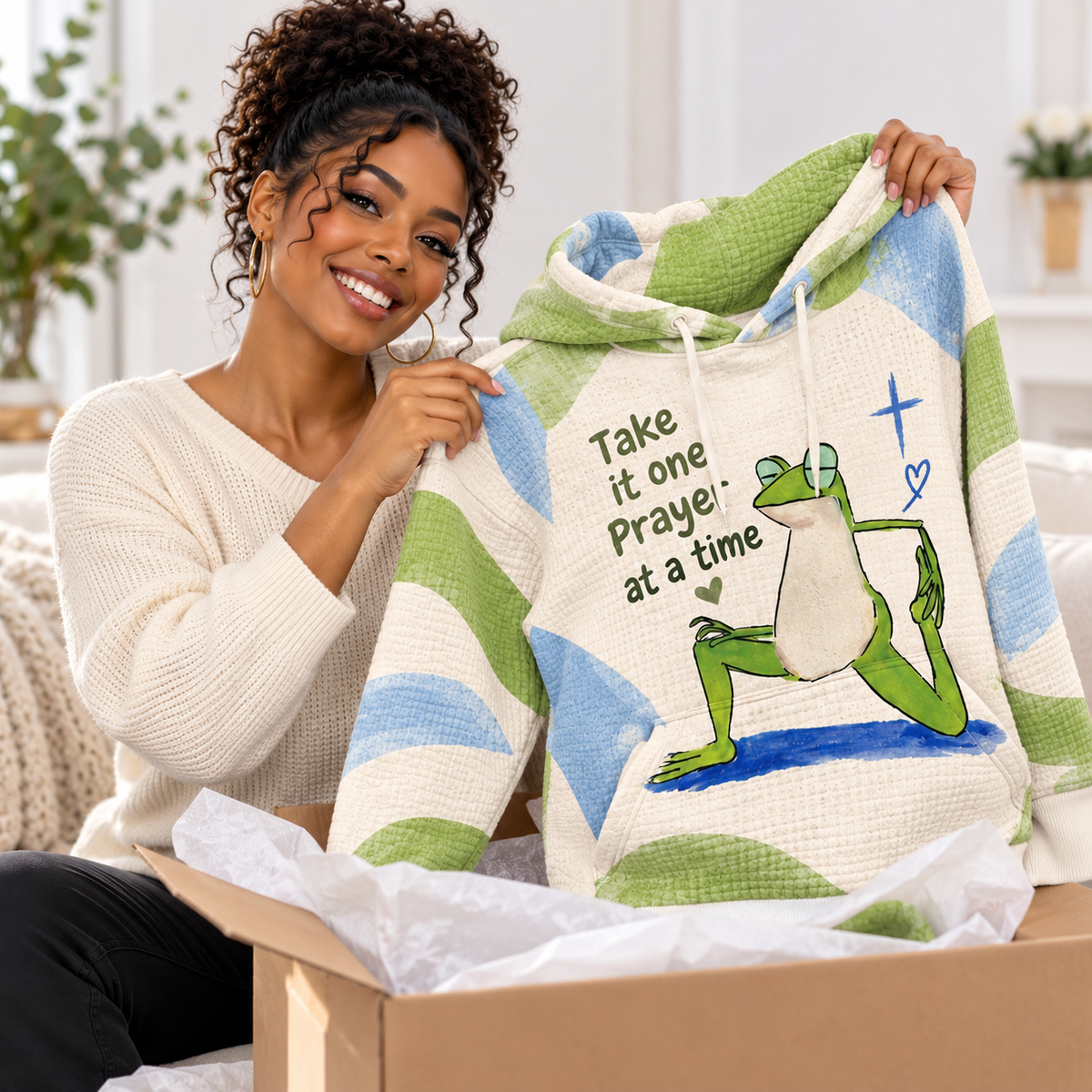Green Yoga Frog Waffle Hoodie