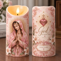 Personalized Virgin Mary Pink Floral Flameless LED Candle