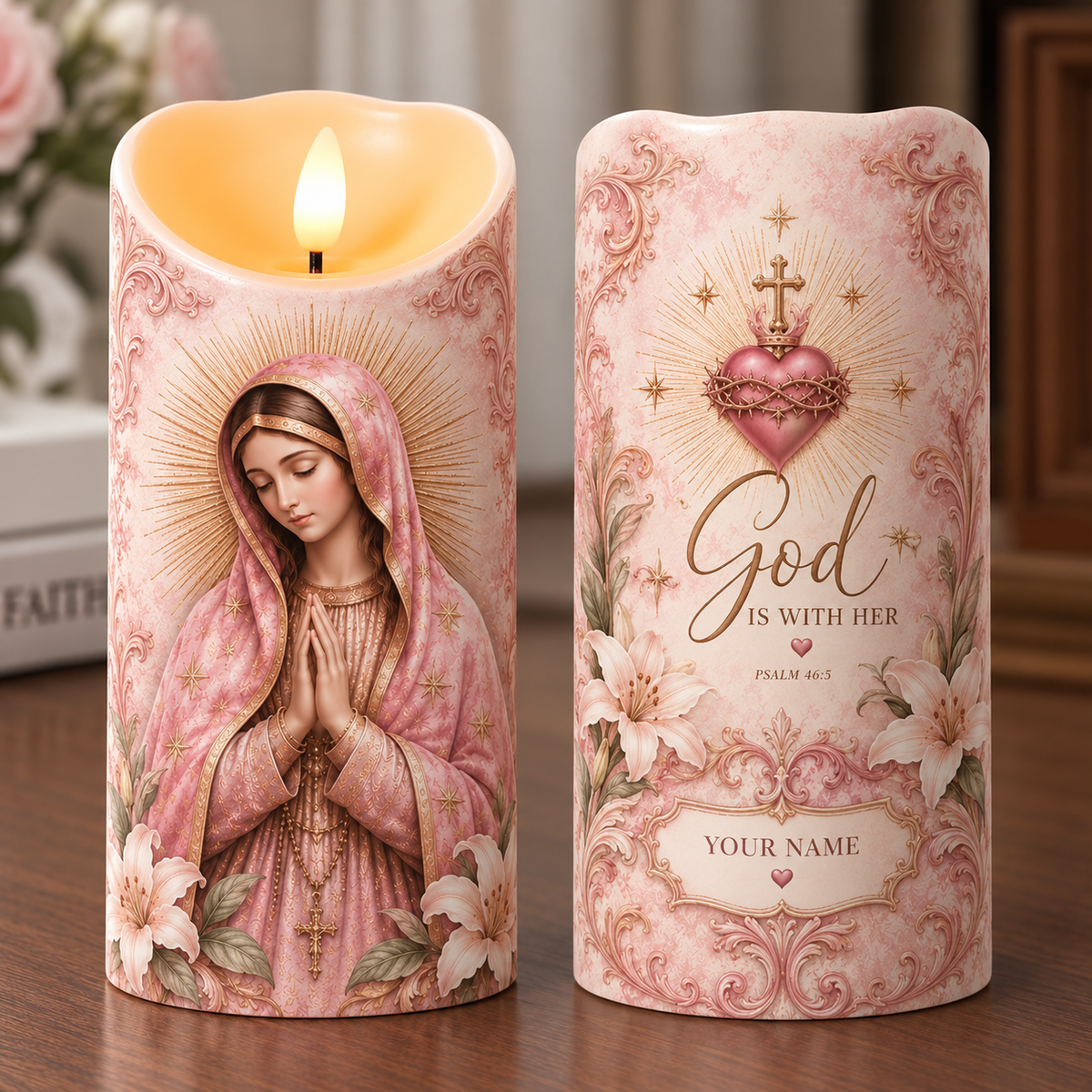 Personalized Virgin Mary Pink Floral Flameless LED Candle