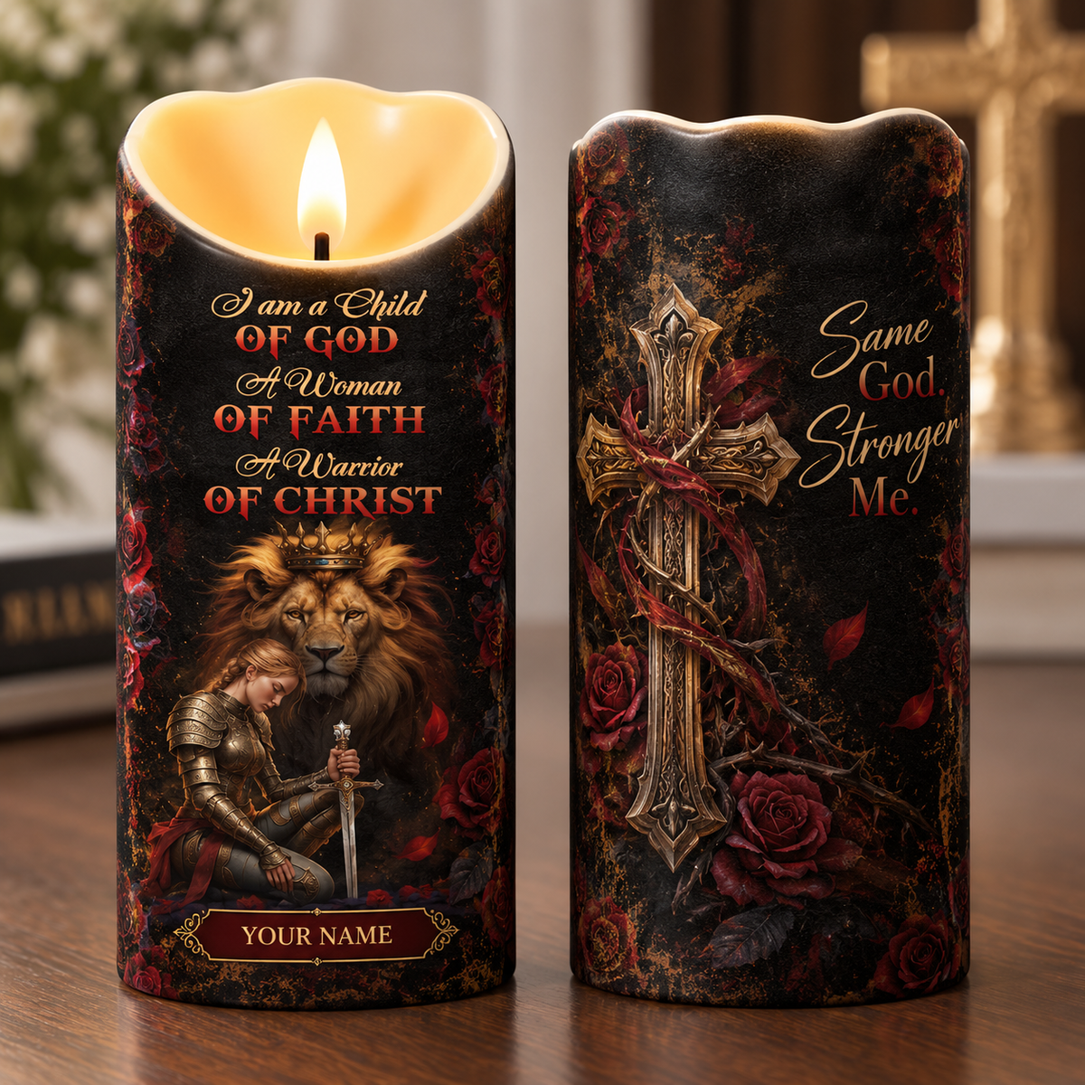 Personalized Warrior Woman Lion Flameless LED Candle