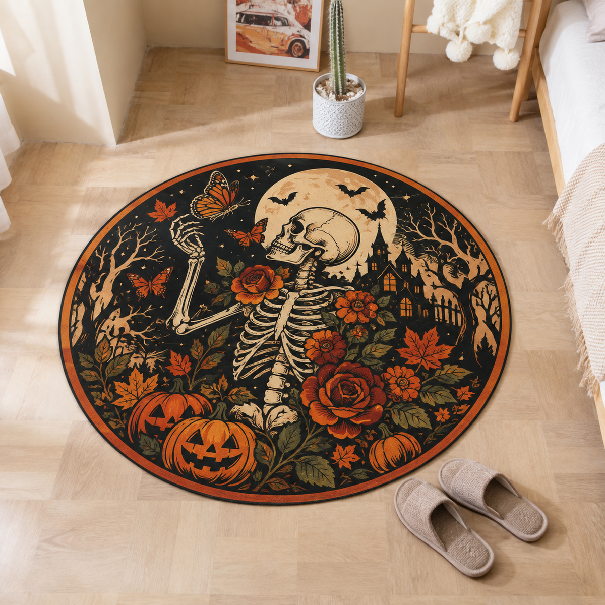 Skeleton Pumpkin Rose Halloween Round Rug