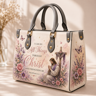 Jesus Praying Wooden Cross Lavender Rose PU Leather Handbag