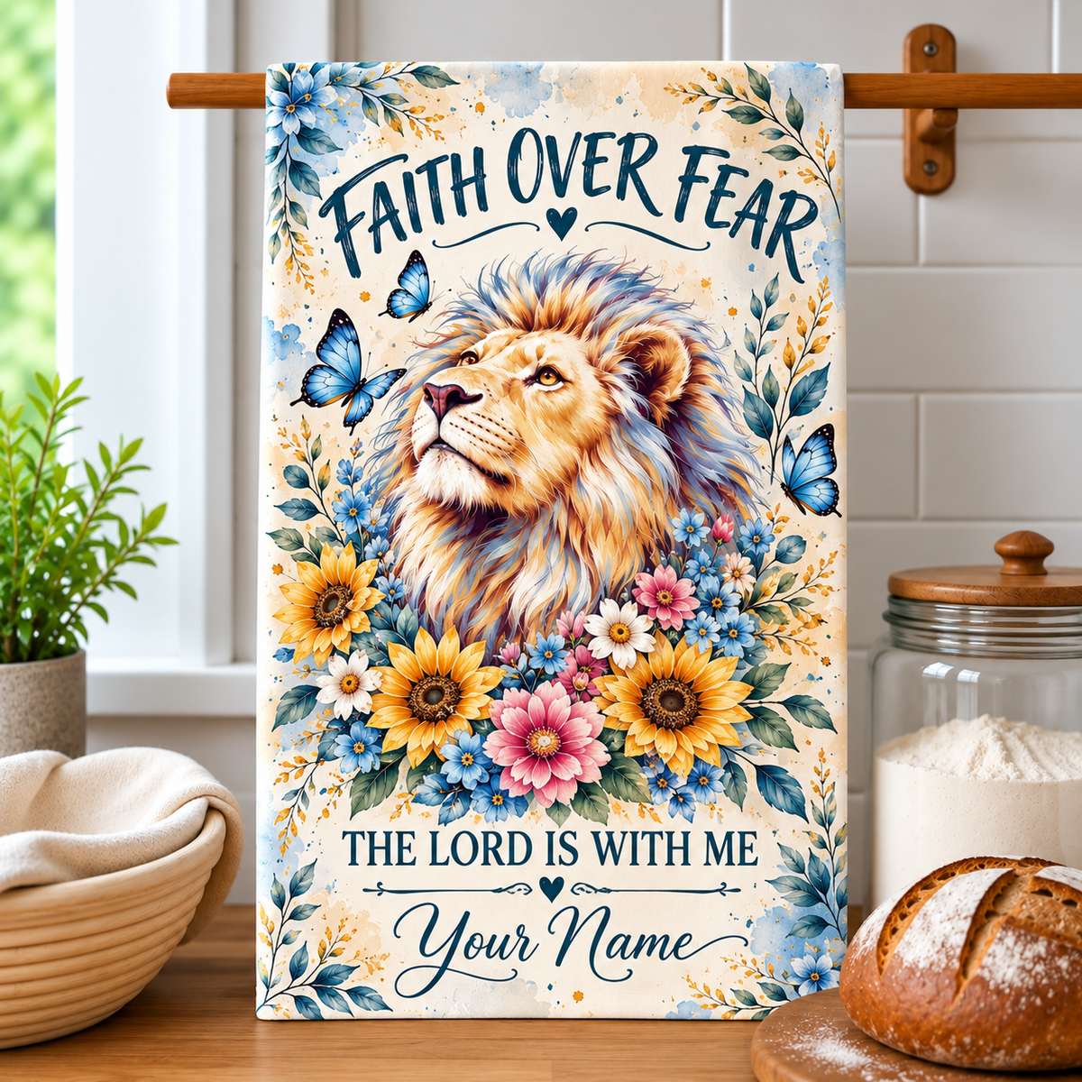 Personalized Faith Over Fear Lion Kitchen Towel