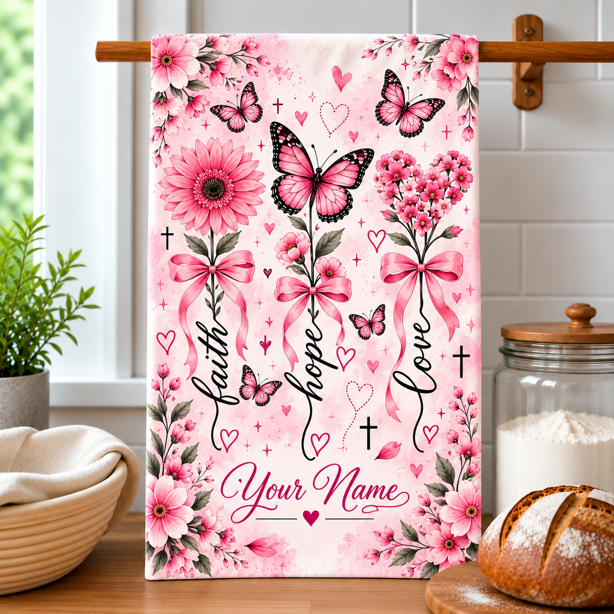 Personalized Faith Hope Love Butterfly Kitchen Towel
