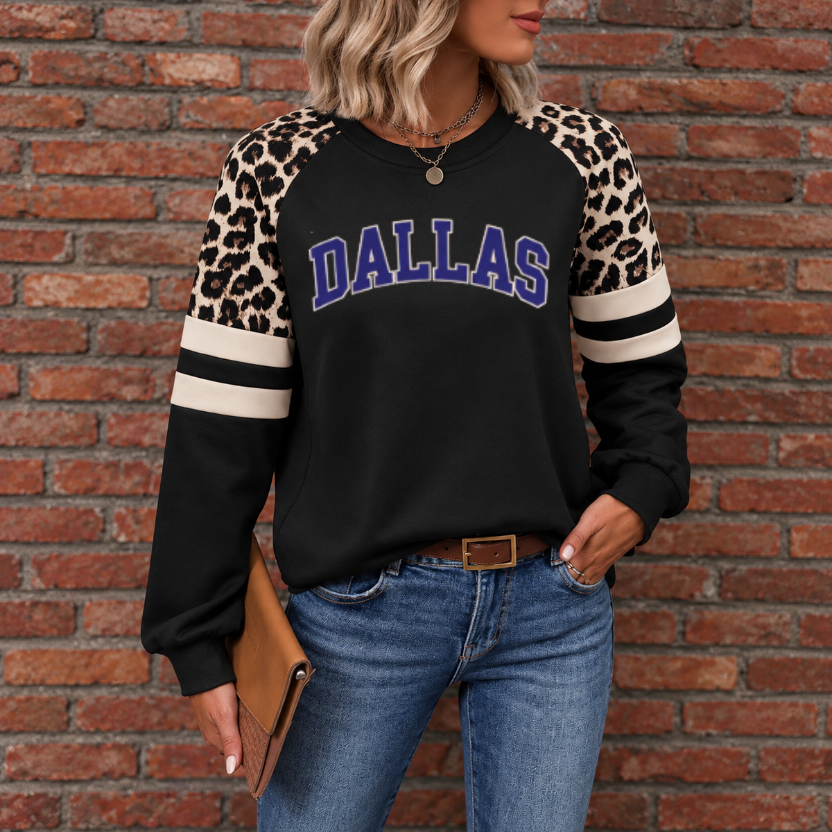 Dallas God Is In DAL Leopard Sleeve Sweatshirt