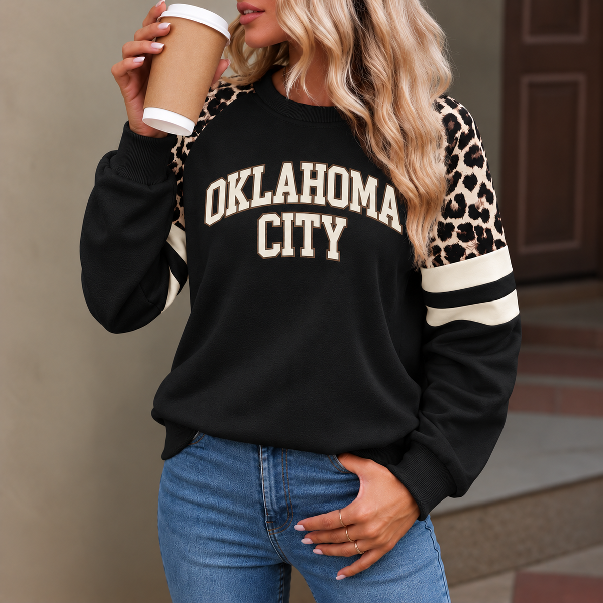 Oklahoma City God Is In OKC Leopard Sleeve Sweatshirt