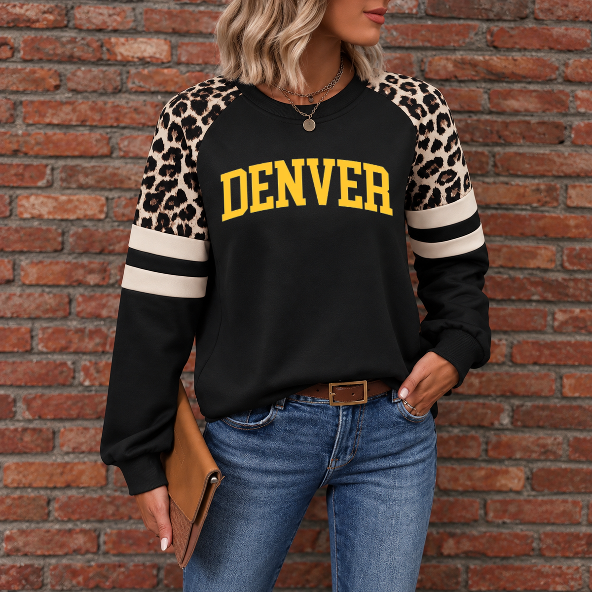 Denver God Is In DEN Leopard Sleeve Sweatshirt