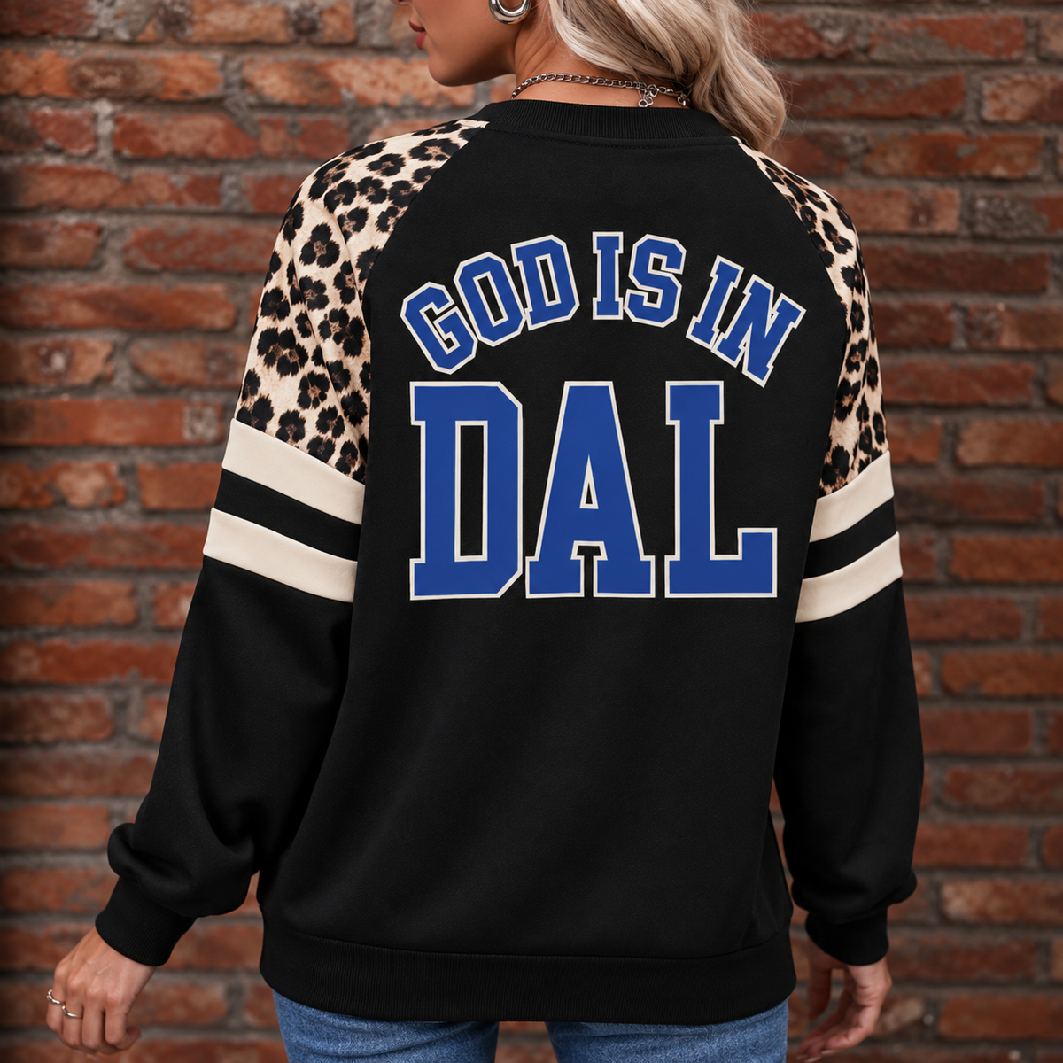 Dallas God Is In DAL Leopard Sleeve Sweatshirt