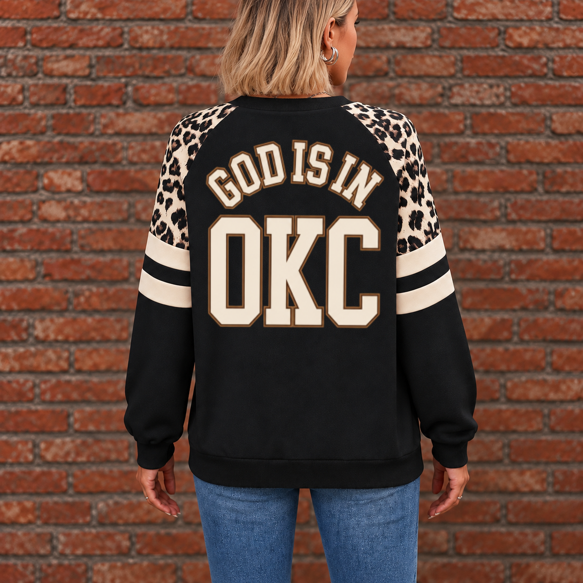 Oklahoma City God Is In OKC Leopard Sleeve Sweatshirt