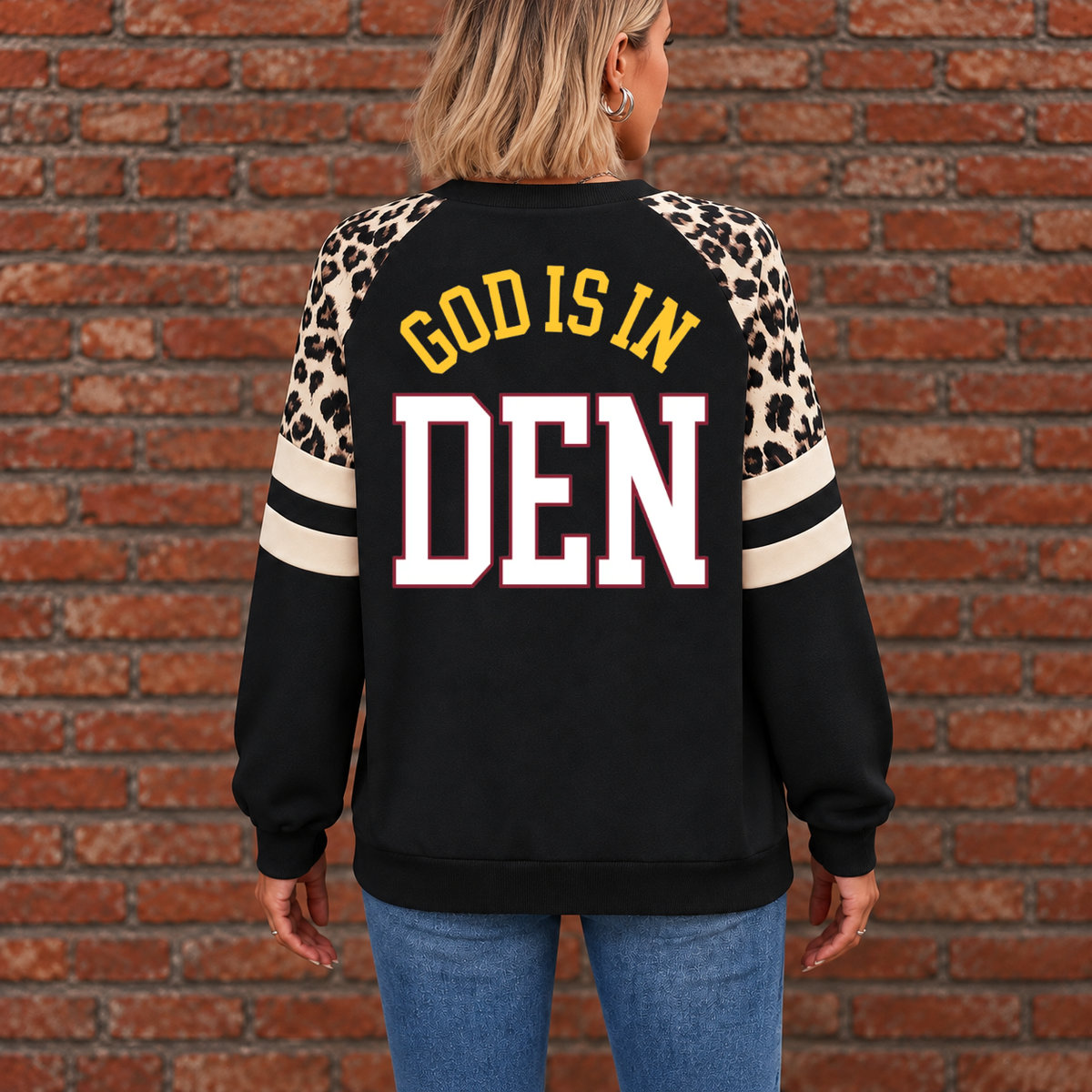 Denver God Is In DEN Leopard Sleeve Sweatshirt