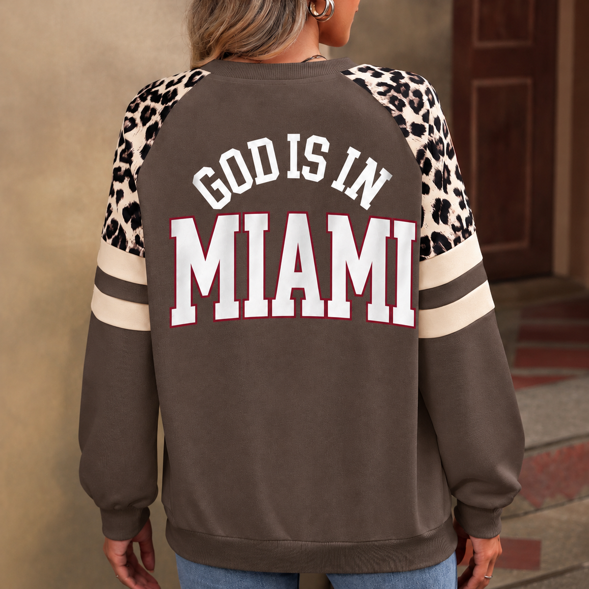 Miami God Is In MIA Leopard Sleeve Sweatshirt
