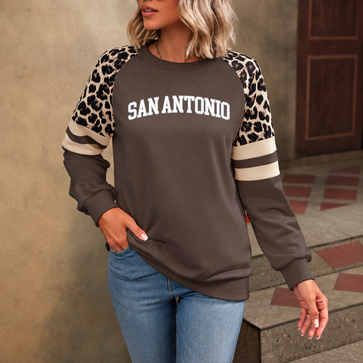 San Antonio God Is In SA Leopard Sleeve Sweatshirt