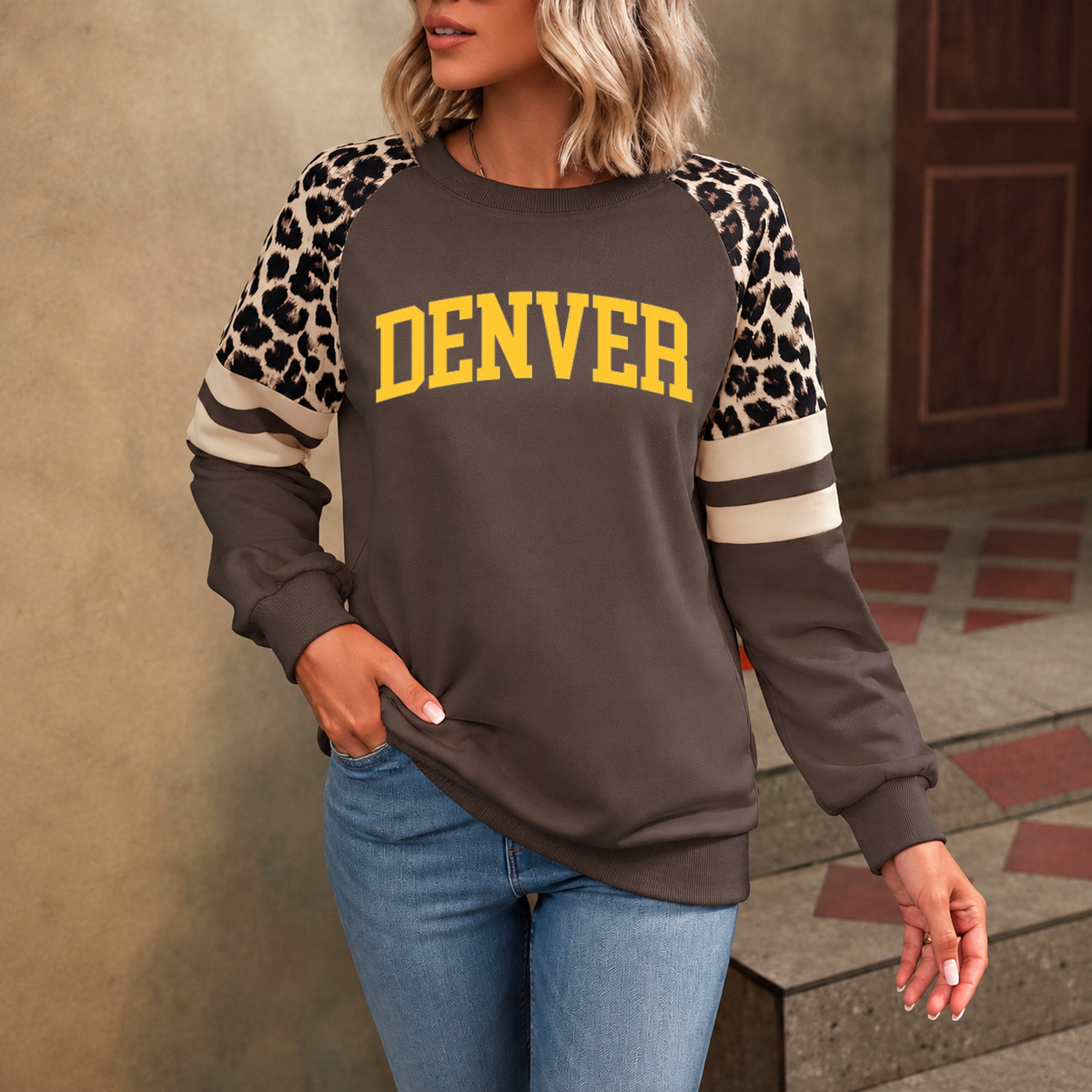 Denver God Is In DEN Leopard Sleeve Sweatshirt
