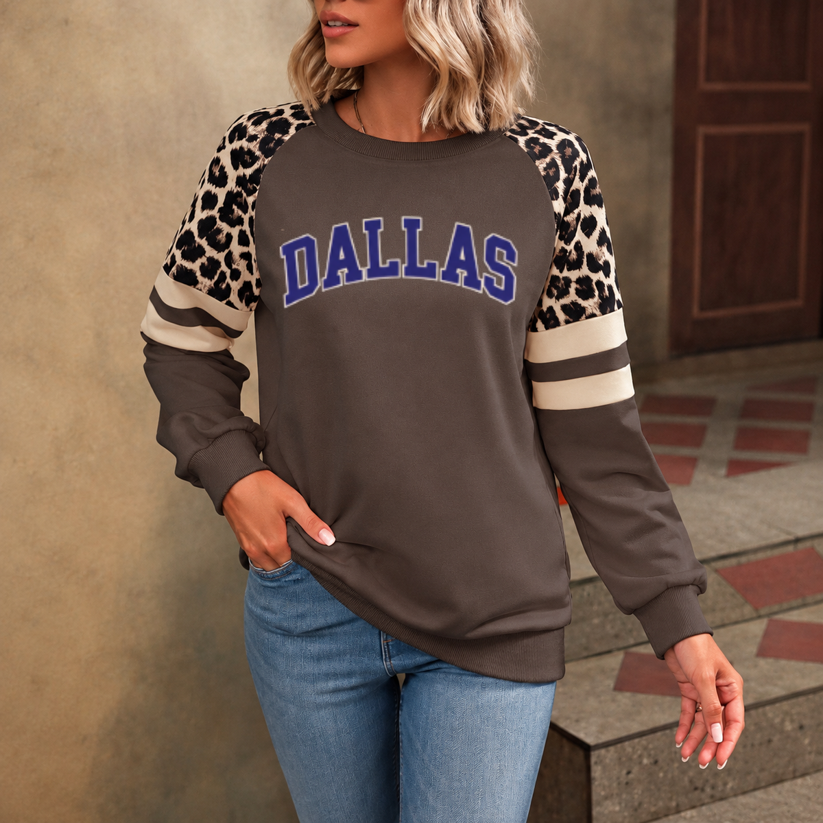 Dallas God Is In DAL Leopard Sleeve Sweatshirt