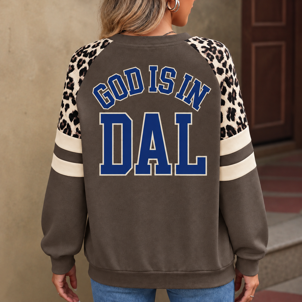 Dallas God Is In DAL Leopard Sleeve Sweatshirt