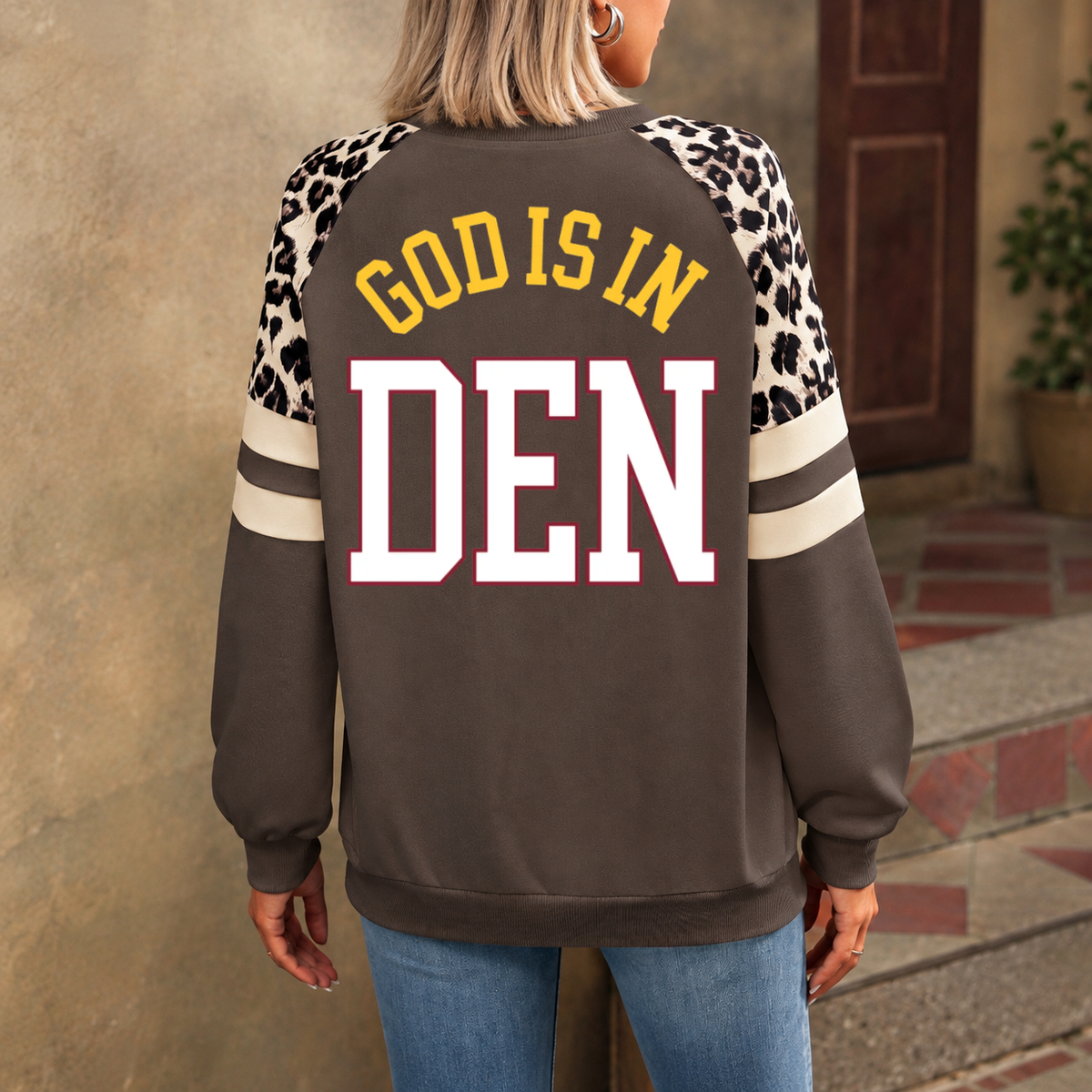Denver God Is In DEN Leopard Sleeve Sweatshirt