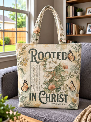 Rooted In Christ Vintage Wildflower Monarch Tote Bag