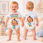 Front and back of baby bodysuit with winking baby angel and 50% Mom 50% Dad 100% Trouble text