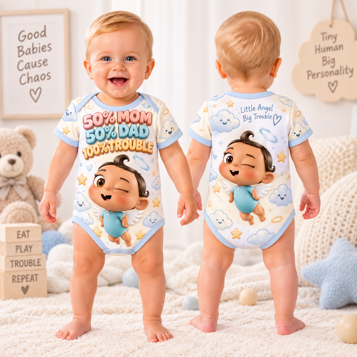 Front and back of baby bodysuit with winking baby angel and 50% Mom 50% Dad 100% Trouble text
