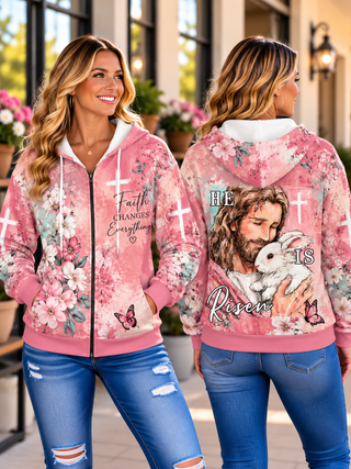 He Is Risen Jesus Bunny Zip Hoodie