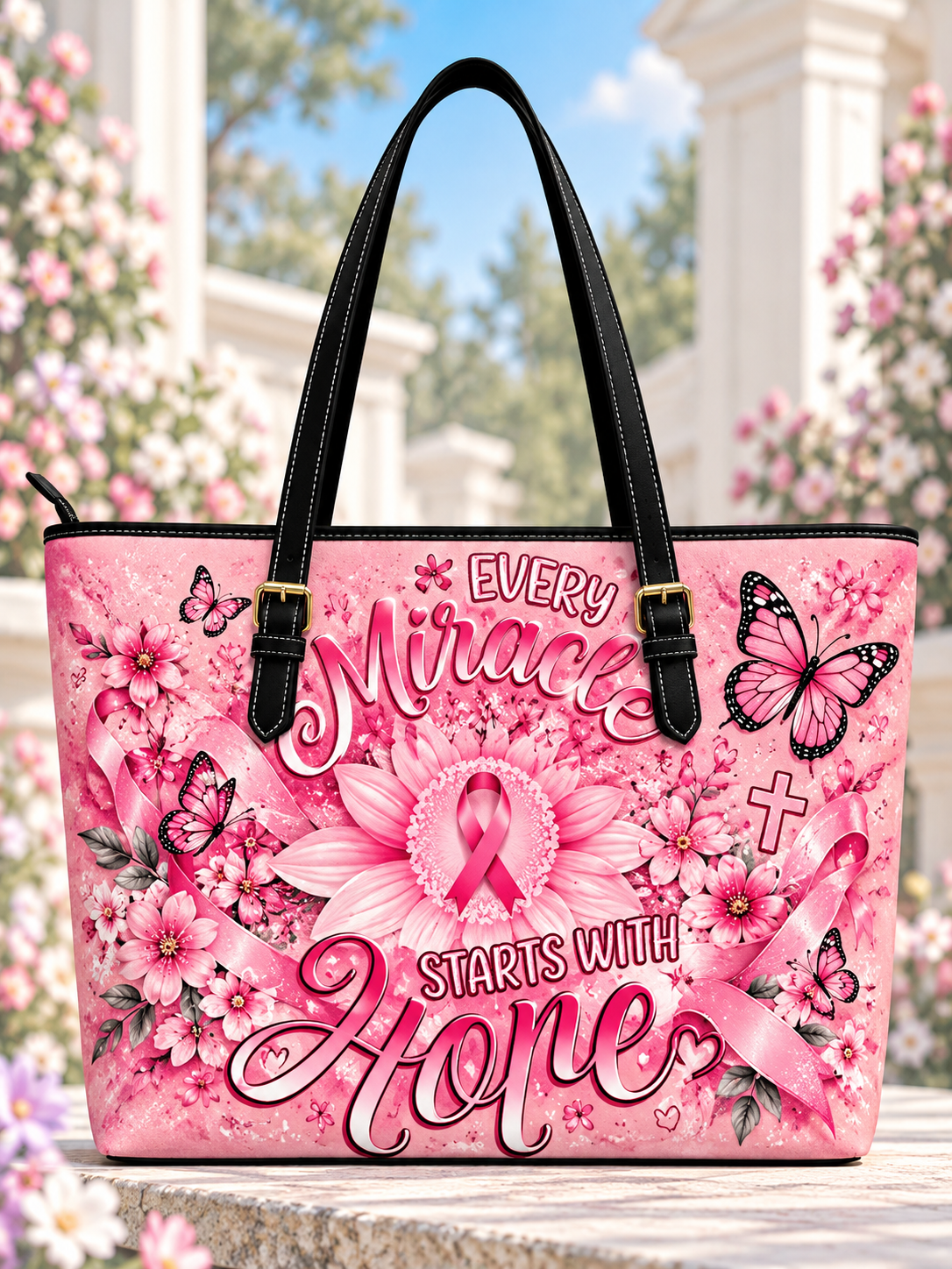 Every Miracle Starts With Hope Pink Ribbon Flower Saddle Bag