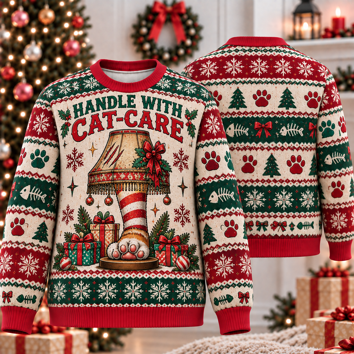 Handle With Cat-Care Cat Paw Lamp Ugly Sweater