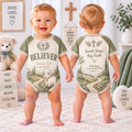 Front and back cream sage baby bodysuit with lamb path cross and BELIEVER text